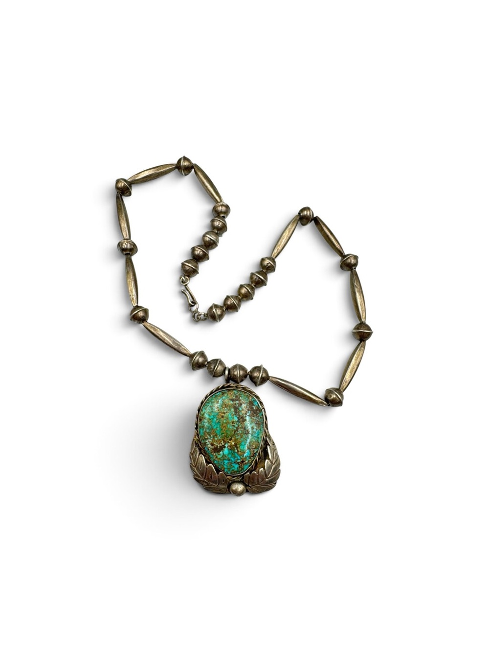 Vintage Emerald Valley Turquoise Sterling Silver Necklace Handmade Beads 18.5”